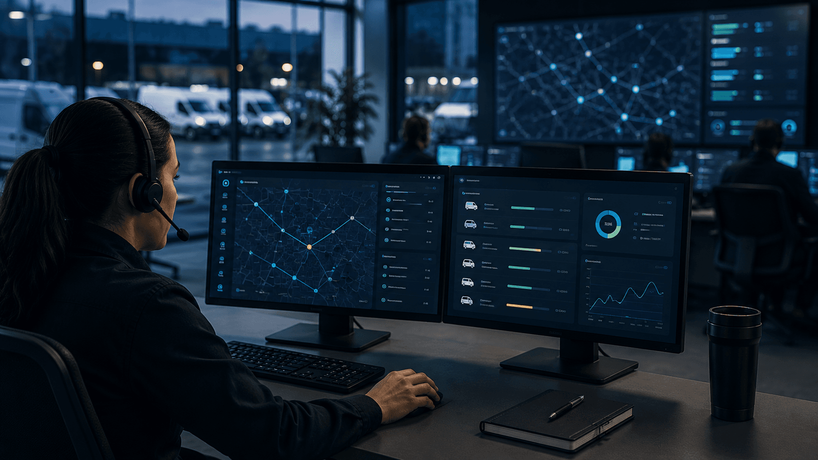 Fleet operations manager using AI dispatch dashboards to coordinate vehicles, optimize routes and improve operational efficiency