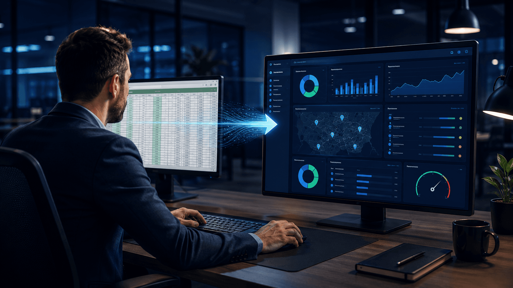 Fleet manager comparing spreadsheet-based fleet tracking with a modern fleet management dashboard to improve operational visibility